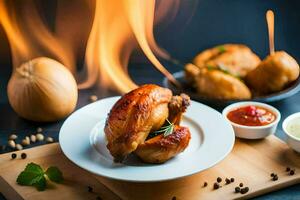 un' piatto di pollo con salsa e spezie su un' tavolo. ai-generato foto