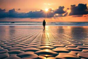 un' persona in piedi su il spiaggia a tramonto. ai-generato foto