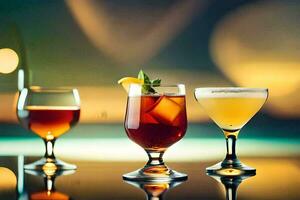 tre diverso tipi di alcolizzato bevande siamo mostrato su un' tavolo. ai-generato foto