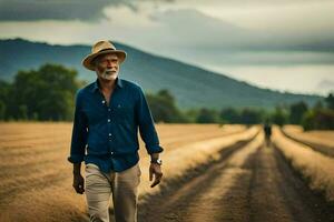 un più vecchio uomo a piedi nel un' campo. ai-generato foto