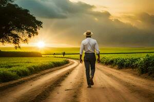 un' uomo nel un' cappello passeggiate giù un' sporco strada a tramonto. ai-generato foto