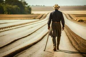 un' uomo a piedi giù un' sporco strada con un' canna. ai-generato foto