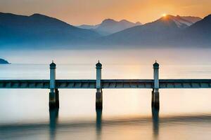 un' molo con un' ponte al di sopra di acqua e montagne nel il sfondo. ai-generato foto