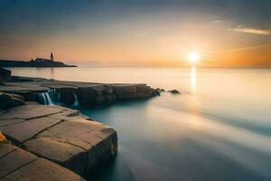 il sole imposta al di sopra di il oceano e rocce. ai-generato foto