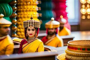 un' sposa nel tradizionale indiano abbigliamento a sua nozze. ai-generato foto