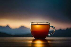 un' tazza di tè su un' tavolo con montagne nel il sfondo. ai-generato foto