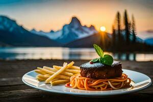 un' piatto di spaghetti e carne con un' Visualizza di montagne. ai-generato foto