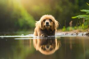 un' cane è a piedi attraverso un' fiume con acqua. ai-generato foto