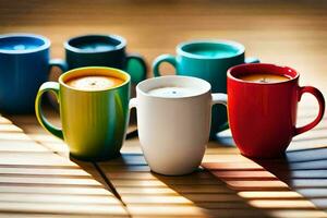 cinque colorato caffè tazze sedersi su un' di legno tavolo. ai-generato foto