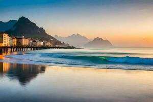 il spiaggia a tramonto con montagne nel il sfondo. ai-generato foto