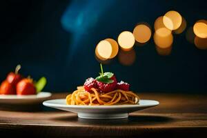 spaghetti con fragole su un' piatto. ai-generato foto