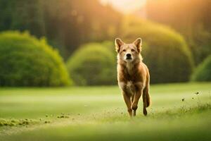 un' cane in esecuzione attraverso un' campo a tramonto. ai-generato foto