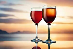 Due bicchieri di vino siamo su un' tavolo con il tramonto nel il sfondo. ai-generato foto