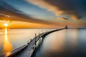 un' lungo molo con un' faro a tramonto. ai-generato foto