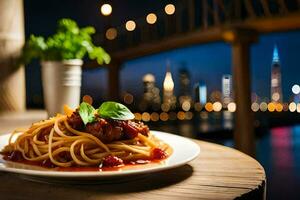 un' piatto di spaghetti con pomodoro salsa e basilico le foglie su un' di legno tavolo nel davanti di un' città. ai-generato foto