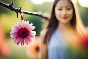 un' donna in piedi nel davanti di un' rosa fiore. ai-generato foto