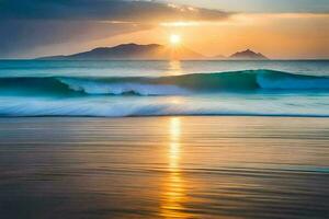 tramonto su il spiaggia con onde e montagne nel il sfondo. ai-generato foto