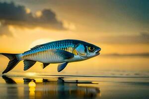 un' pesce è a piedi su il spiaggia a tramonto. ai-generato foto