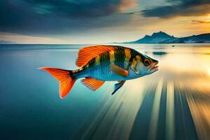 un' pesce nuoto nel il oceano a tramonto. ai-generato foto