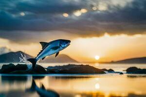 un' pesce salto su di il acqua a tramonto. ai-generato foto