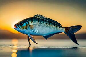 un' pesce è in piedi su il acqua a tramonto. ai-generato foto