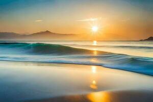 il sole sorge al di sopra di il oceano e onde a il spiaggia. ai-generato foto