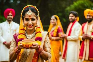 indiano nozze cerimonia con il sposa e sposo. ai-generato foto