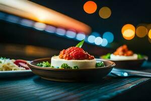 un' piatto di cibo con un' pomodoro salsa e un' forchetta. ai-generato foto