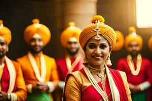 indiano sposa nel tradizionale abbigliamento con sua damigelle. ai-generato foto
