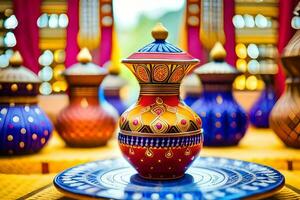 colorato vasi su un' tavolo con colorato decorazioni. ai-generato foto