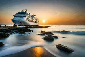 un' crociera nave attraccato a il spiaggia a tramonto. ai-generato foto