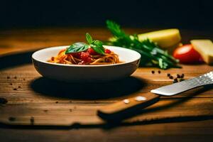 spaghetti nel un' ciotola con pomodori e basilico su un' di legno tavolo. ai-generato foto