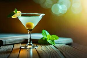 un' Martini con Limone e menta su un' di legno tavolo. ai-generato foto