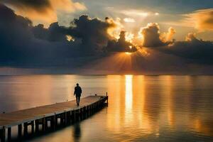 un' uomo passeggiate su un' molo a tramonto. ai-generato foto