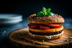 un' Hamburger con pomodori e formaggio su un' di legno tavola. ai-generato foto