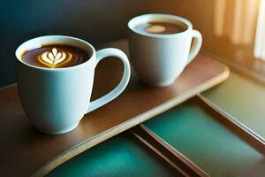 Due caffè tazze con latte macchiato arte su superiore. ai-generato foto