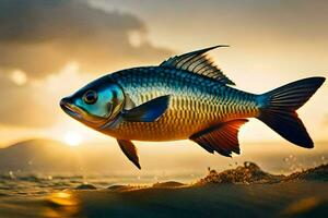 un' pesce è salto su di il acqua a tramonto. ai-generato foto