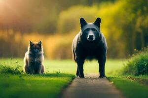 un' nero orso e un' Volpe in piedi su un' sentiero. ai-generato foto