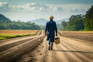 un' uomo nel un' blu camicia e cappello a piedi giù un' sporco strada. ai-generato foto