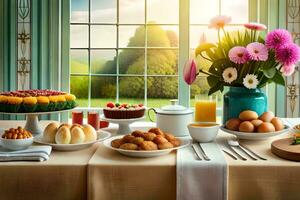 prima colazione nel letto con fiori e cibo. ai-generato foto