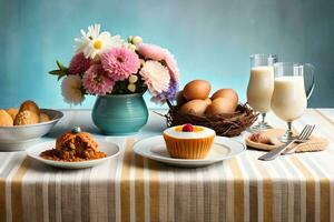 un' tavolo con un' cupcake, un' torta, e uova. ai-generato foto