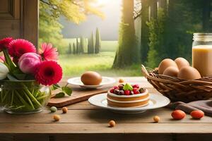 un' tavolo con fiori, uova e un' torta su esso. ai-generato foto