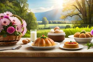 un' tavolo con fiori, torte e uova. ai-generato foto