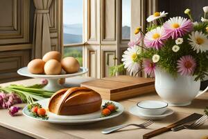 un' tavolo con un' torta, uova e fiori. ai-generato foto