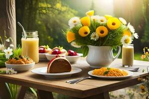 un' tavolo con cibo e fiori su esso. ai-generato foto