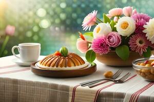 un' tavolo con un' torta, caffè e fiori. ai-generato foto