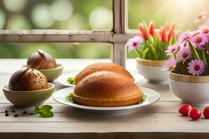 Pasqua uova, fiori e pane su un' tavolo. ai-generato foto