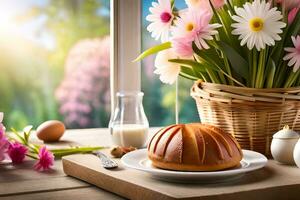 Pasqua prima colazione con fiori e uova. ai-generato foto