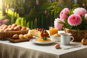 un' tavolo con uova, pane, e fiori. ai-generato foto
