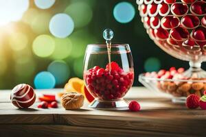 un' bicchiere di rosso frutti di bosco e un' ciotola di frutta. ai-generato foto